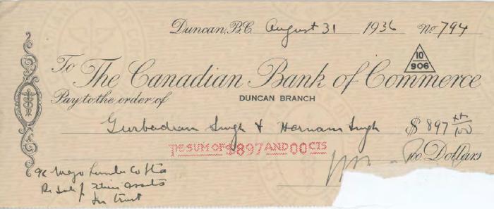 [Cheque from Mayo Singh to Gurbadan Singh and Harnam Singh]