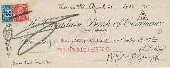 [Cheque from Mayo Singh to the King's Daughter's Hospital]