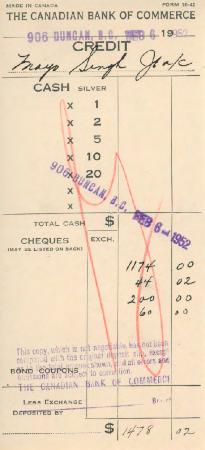 [Receipt of credit from the Canadian Bank of Commerce to Mayo Singh]