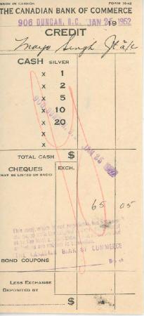 [Receipt of credit from the Canadian Bank of Commerce to Mayo Singh]