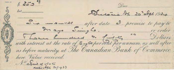 [Promissory note from [?] to Mayo Singh]