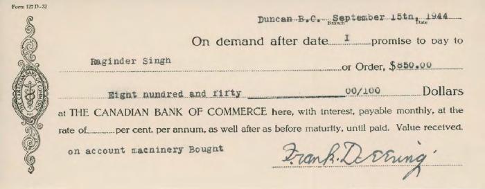 [Promissory note from Frank Denning to Raginder Singh]