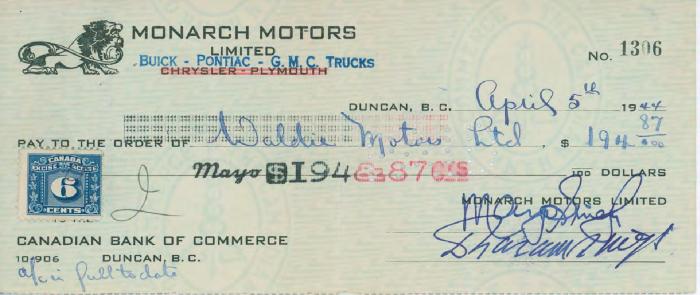 [Cheque from Mayo Singh to Waldie Motors Limited]