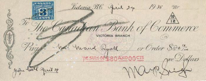 [Cheque from Mayo Singh to Maud Ryall]