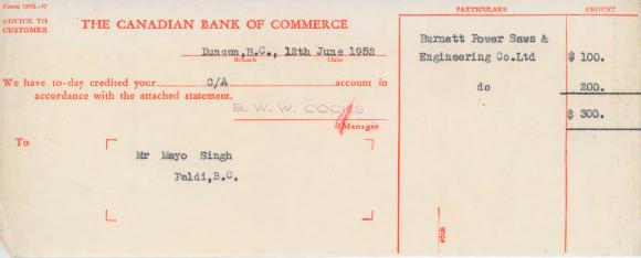 [Letter of advice from the Canadian Bank of Commerce to Mayo Singh]