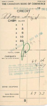 [Receipt of credit from the Canadian Bank of Commerce to Mayo Singh]