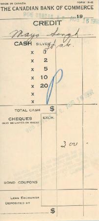 [Receipt of credit from the Canadian Bank of Commerce to Mayo Singh]