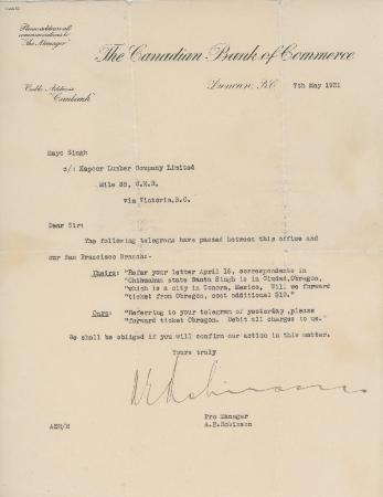 [Letter from A. E. Robinson to Mayo Singh]