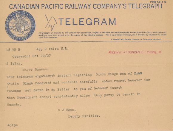 [Telegram from W. J. Egan to J. Islay]