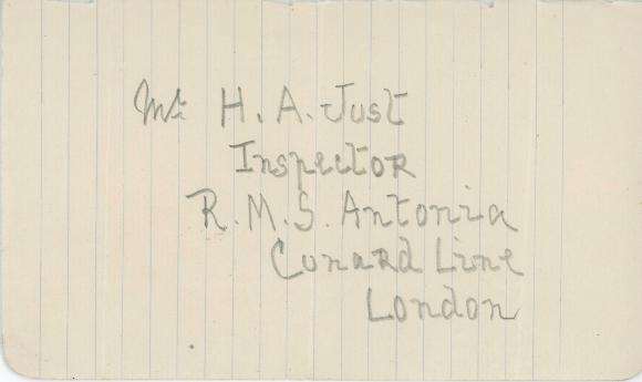 [Handwritten note to H. A. Just, Inspector, R. M. S. Antonia]