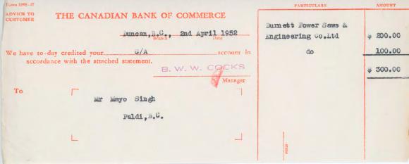 [Letter of advice from the Canadian Bank of Commerce to Mayo Singh]