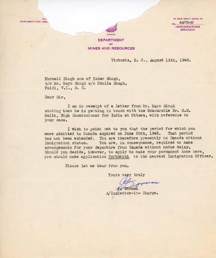 [Letter from J. Dorman to Karnail Singh]