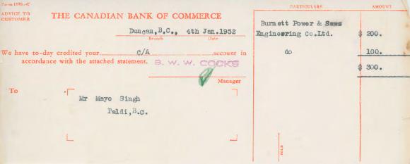 [Letter from the Canadian Bank of Commerce to Mayo Singh]