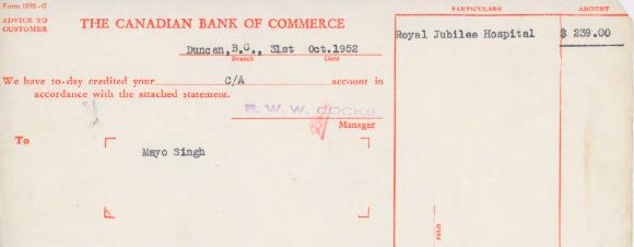 [Letter of advice from the Canadian Bank of Commerce to Mayo Singh]