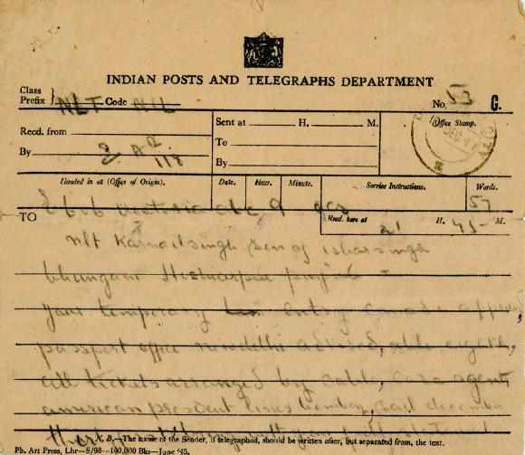 [Telegrams to Karnail Singh about entry to Canada and enrollment in Stanford University]