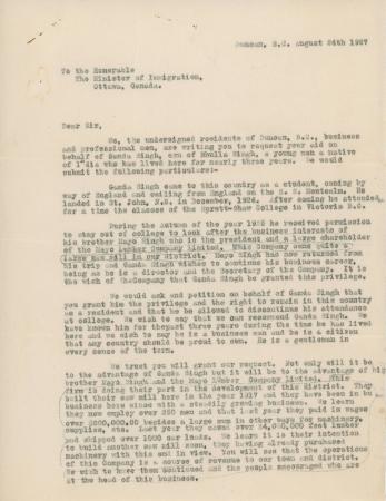 [Letter from J. Islay Mutter, E. G. Sanford, A. B. Thorp, A. Peterson and David Ford to the Minister of immigration]