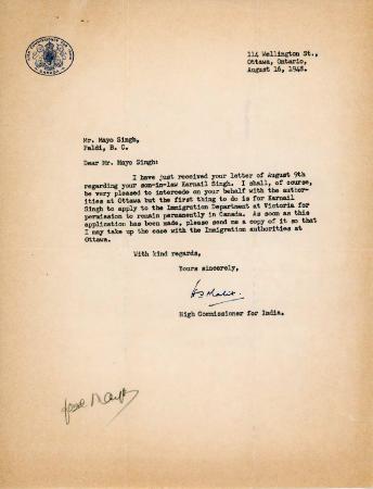 [Letter from H. S. Singh to Mayo Singh]