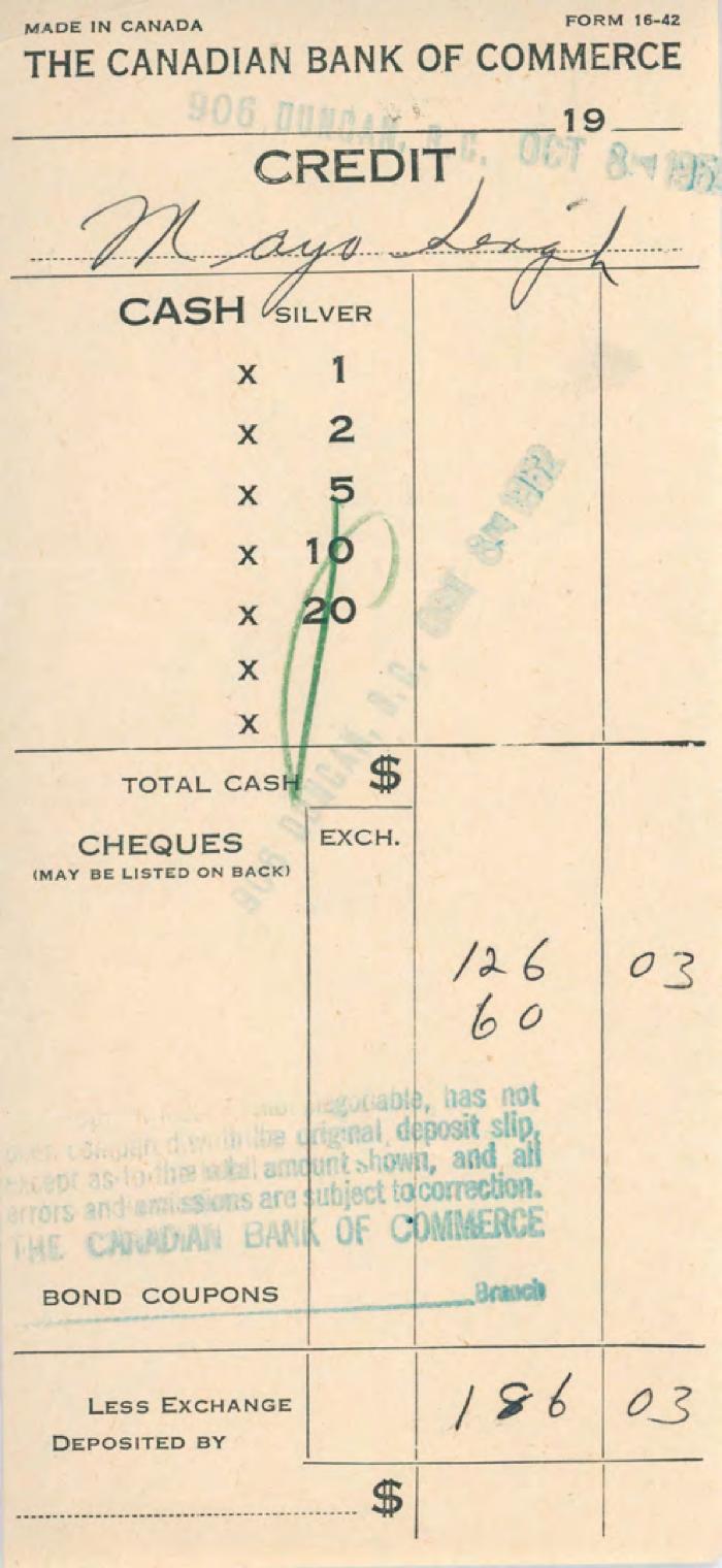 [Receipt of credit from the Canadian Bank of Commerce to Mayo Singh]