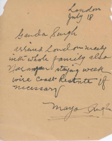 [Letter from Mayo Singh to Ganda Singh]