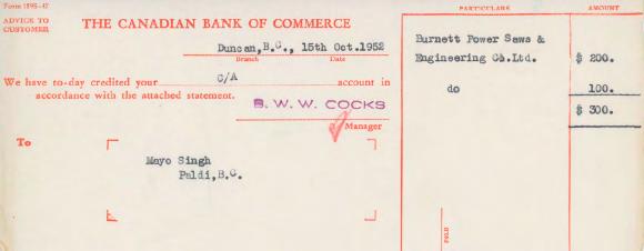 [Letter of advice from the Canadian Bank of Commerce to Mayo Singh]