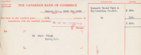 [Letter of advice from the Canadian Bank of Commerce to Mayo Singh]