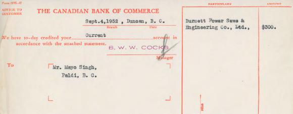 [Letter of advice from the Canadian Bank of Commerce to Mayo Singh]