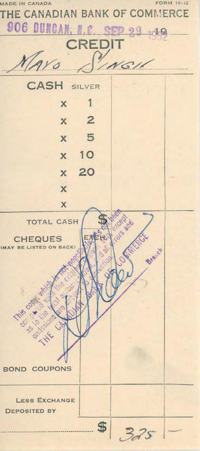 [Receipt of credit from the Canadian Bank of Commerce to Mayo Singh]