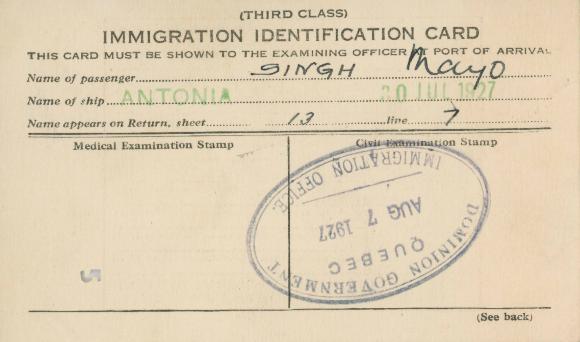 [Immigration Identification Card of Mayo Singh]