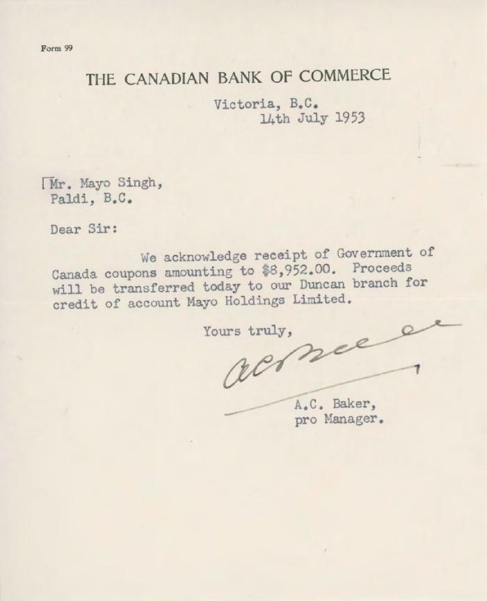 [Letter from A. C. Baker, Canadian Bank of Commerce, to Mayo Singh]