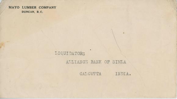 [Envelope from Mayo Lumber Company to Alliance Bank of Simla]