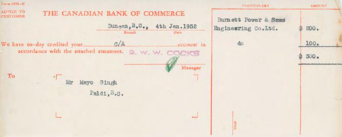[Letter from the Canadian Bank of Commerce to Mayo Singh]