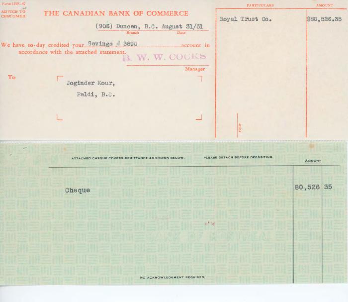 [Letter of advice and cheque from the Canadian Bank of Commerce to Jogindar Kaur]