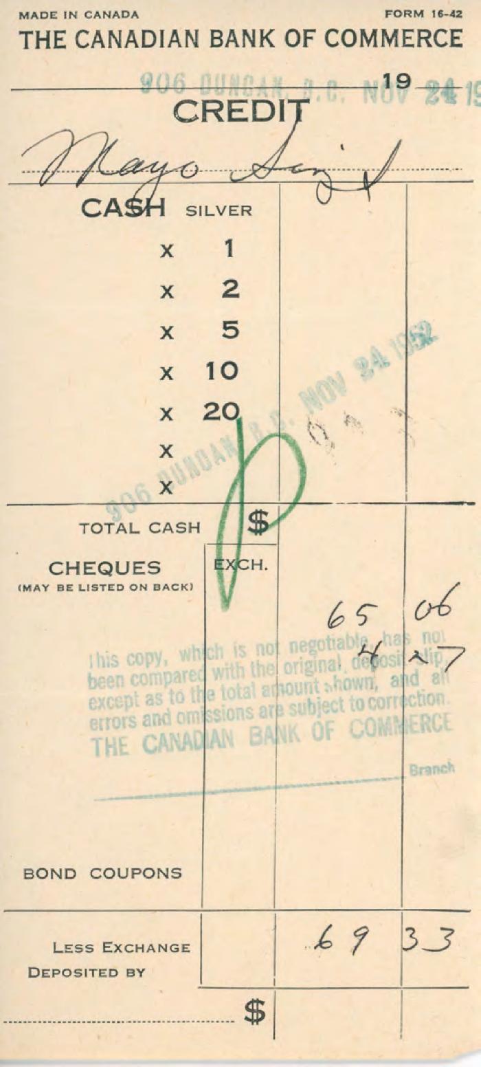 [Receipt of credit from the Canadian Bank of Commerce to Mayo Singh]