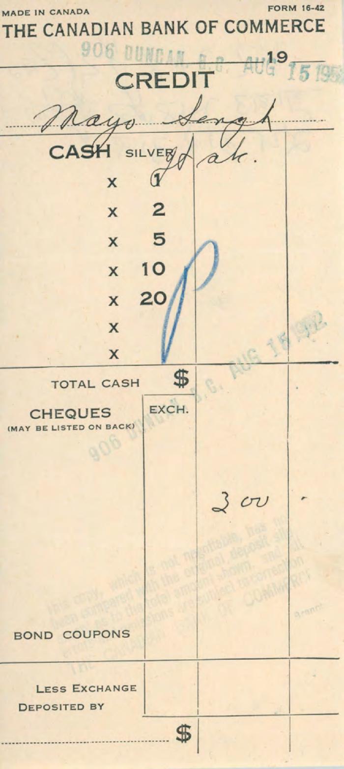 [Receipt of credit from the Canadian Bank of Commerce to Mayo Singh]