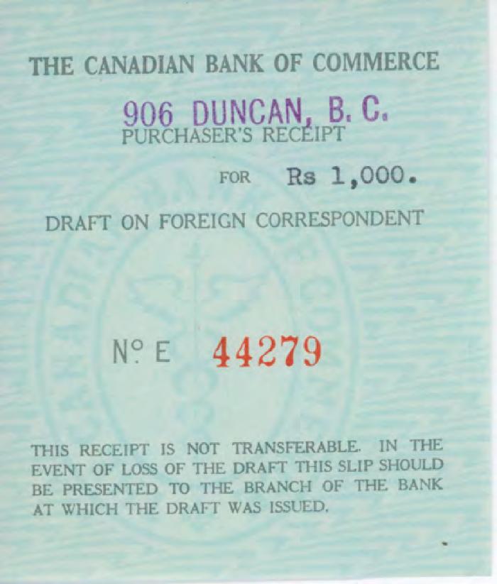 [Purchaser's receipt from the Canadian Bank of Commerce to [?]]