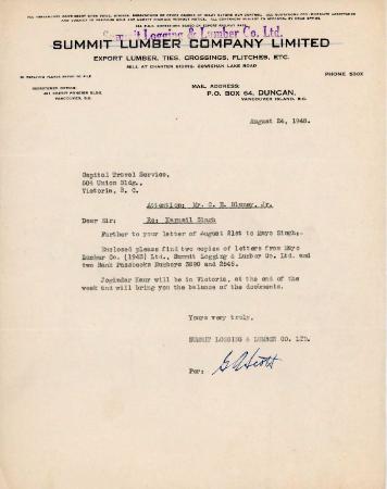 [Letter from G. A. Scott, Summit Logging & Lumber Company Limited to C. E. Blaney, Jr. Capital Travel Service]