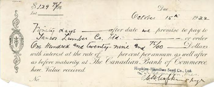 [Promissory note from Hopkins-Hamilton Seed Co. Ltd. to pay Tansor Lumber Co. Ltd.]