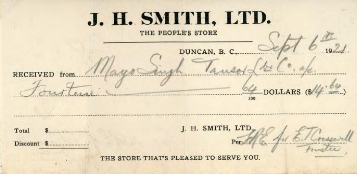 [Receipt for Mayo Singh from J. H. Smith, Ltd]