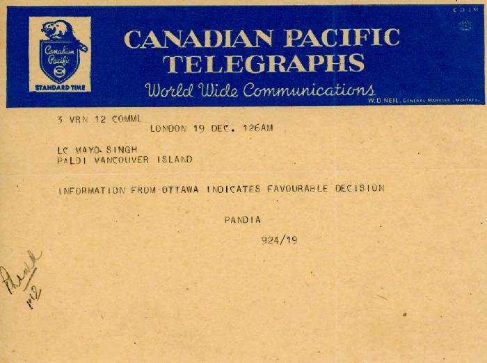 [Telegram from D. P. Pandia to Mayo Singh]