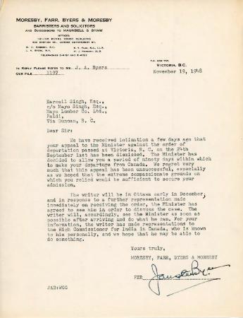 [Letter from J. A. Byers, an associate of Mr. Moresby, to Karnail Singh, with firm letterhead]