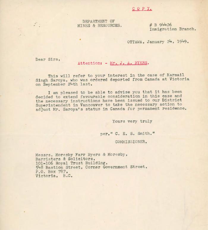 [Copy of letter from C. E. S. Smith, Commissioner, to J. A. Byers]