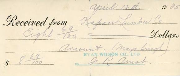 [Receipt for Kapoor Lumber Co from Ryan-Wilson Co. Ltd.]