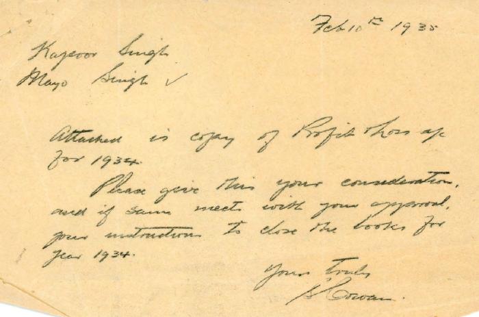 [Handwritten note to Mayo Singh and Kapoor Singh from S. Cowan]