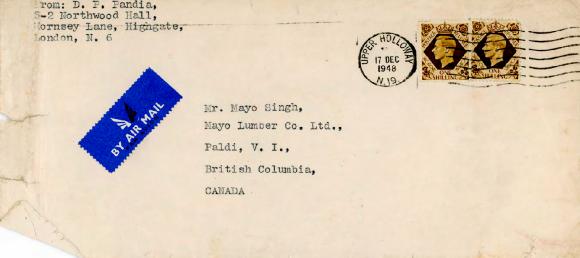 [Envelope from D. P. Pandia addressed to Mayo Singh]