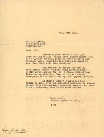 [Letter from Kapoor Lumber Co. Ltd. to L. C. Lytton]