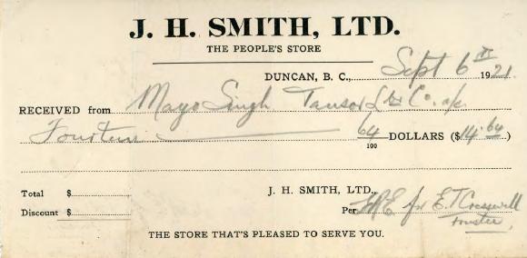 [Receipt for Mayo Singh from J. H. Smith, Ltd]