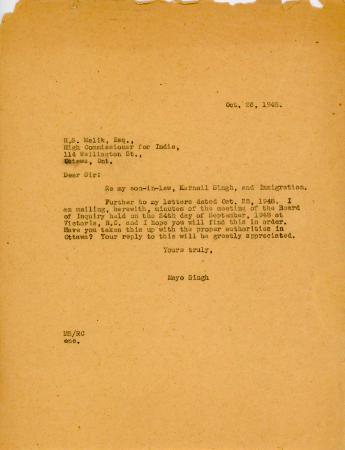 [Letter from Mayo Singh to H. S. Malik]