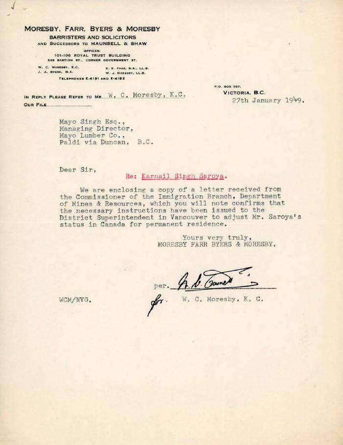 [Letter from a representative on behalf of W. C. Moresby to Mayo Singh]