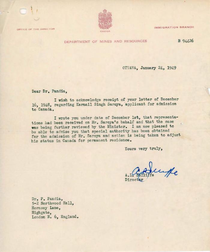 [Letter from A. L. Jolliffe to Dr. Pandia]
