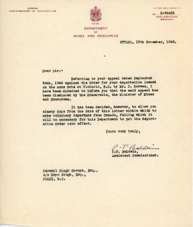 [Letter from P. T. Baldwin, Assistant Commissioner of Immigration, to Karnail Singh]